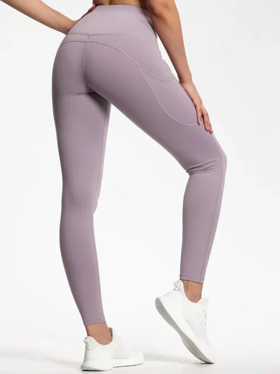 Women's Grey Purple Heather Thick High Waist Tummy Control Workout Yoga Leggings - Picture 6 of 7